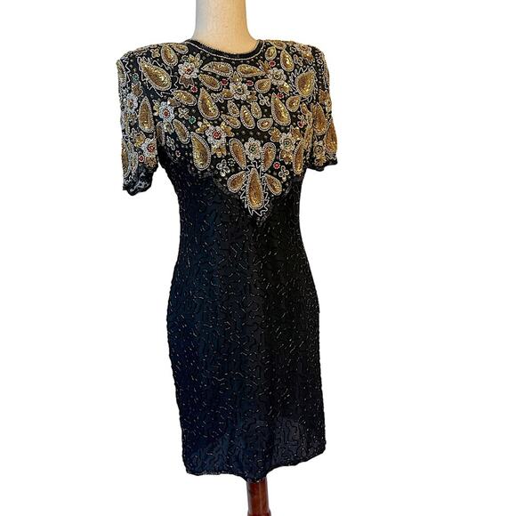Laurence Kazar Vintage 80s Heavily Beaded Silk Cocktail Dress MP - Picture 2 of 16